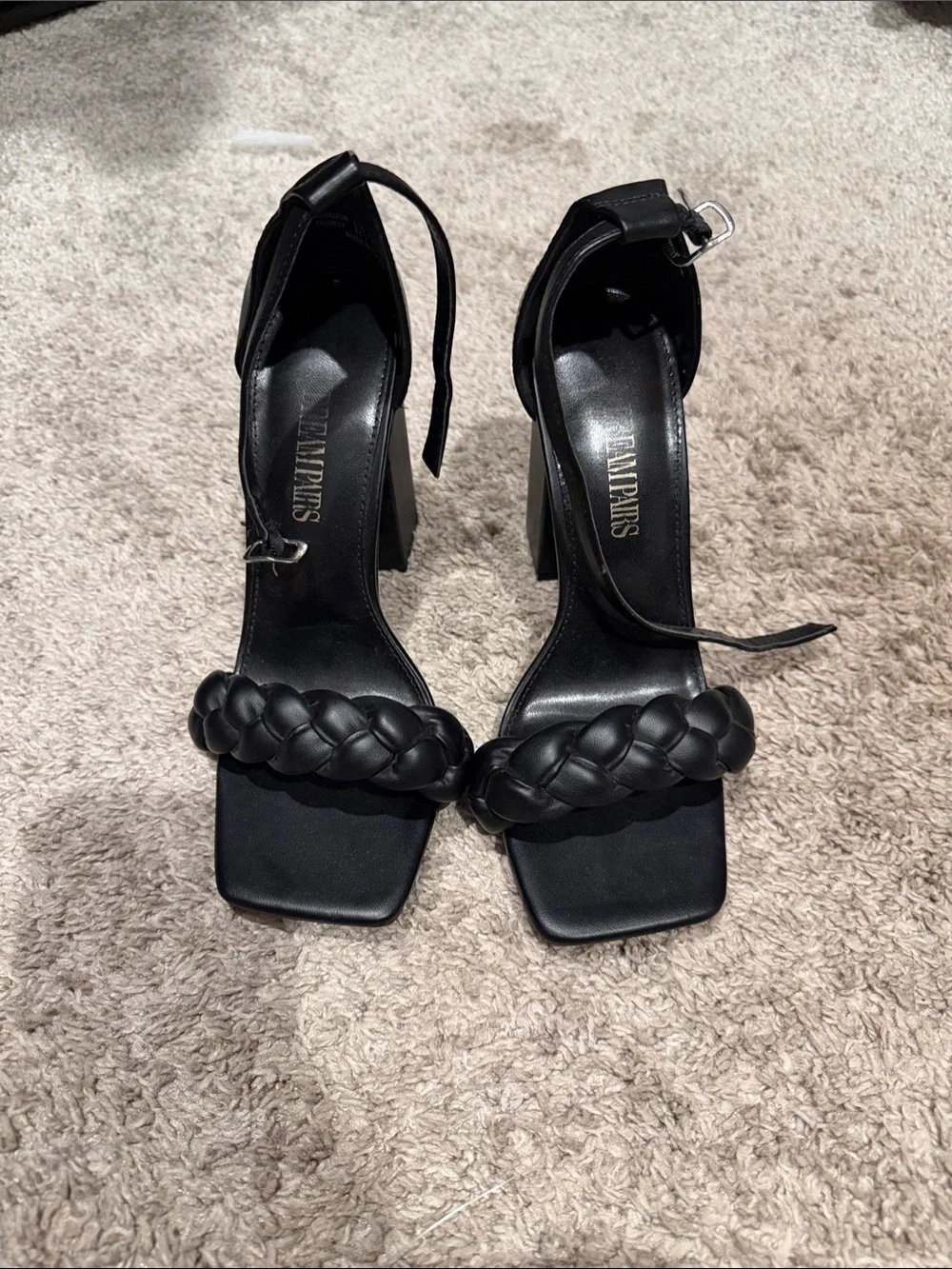 Black Braided Strap High Heel Sandals - Women